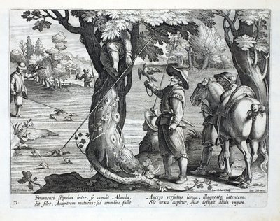 Birdcatchers using rods with rings on to catch birds, illustration from 
